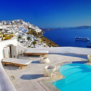 Muslim friendly santorini view of a pool and caldera